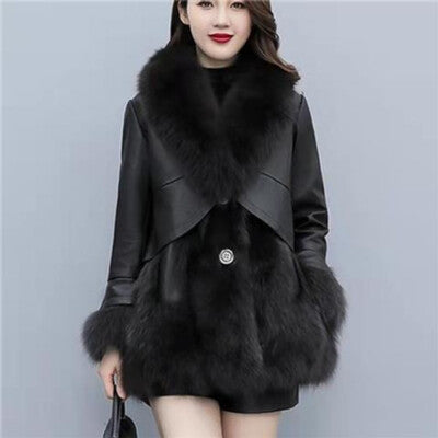 Women's Korean-Style Faux Fox Fur Slim-Fit Mid-Length Leather Coat Fur