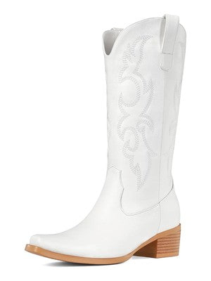 White Cowboy Boots for Women - Embroidered Cowgirl Boots Western Mid C