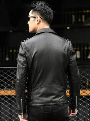 Spring Autumn Short Cool Black Leather Biker Jacket Men Zipper Long Sl