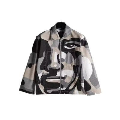 American style new retro printed slim fit long sleeved polo collar zip