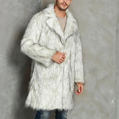 Men Winter Coat Long Sleeve Lapel Collar Open Front Faux Fur Coat Jack