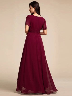 Elegant Evening Dresses Round Neck Ruffles Sleeve Asymmetrical Hem 202