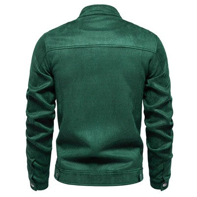 Men s Classic Suede Bomber Jacket with Stand Collar and Zipper Closure