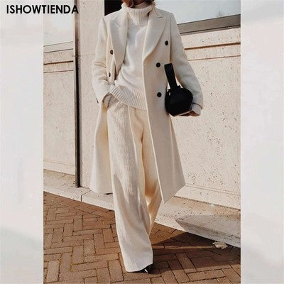 Elegant White Woolen Blend Trench Long Coat Women Chic Double Breasted