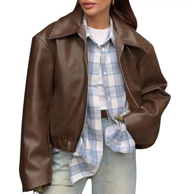Women s Faux Leather Moto Jacket with Removable Hood Vintage Long Slee
