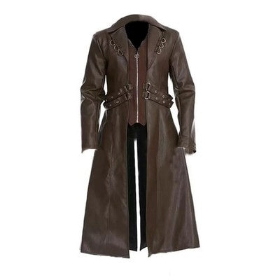 2025 New Steampunk Gothic Mid Length PU Leather Trench Coat Men Dark B