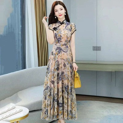Women Summer Cheongsam Dresses Vintage Floral Pattern Mother Dress Chi