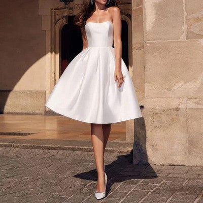 White Short Wedding Dresses Knee-Length Beach Bride Gowns Princess Wed
