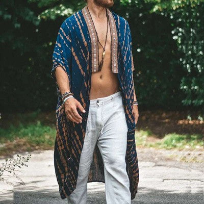 2025 Men'S Summer Fashion Shawl Print Long Windbreaker Cardigan Casual