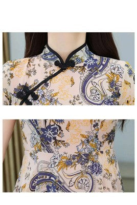 Women Summer Cheongsam Dresses Vintage Floral Pattern Mother Dress Chi
