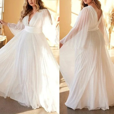 Evening Dress Pleated Elegant Dress Female Solid V Neck Clothing Luxur
