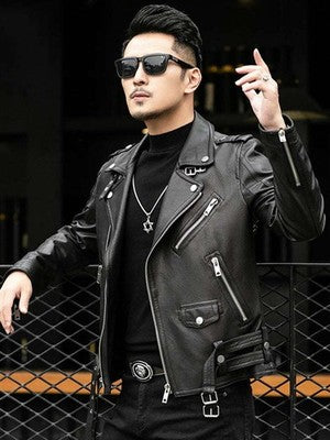 Spring Autumn Short Cool Black Leather Biker Jacket Men Zipper Long Sl