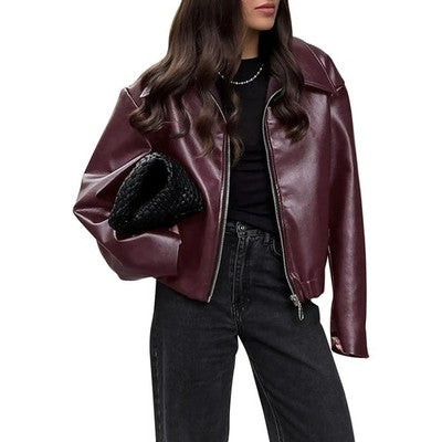 Women s Faux Leather Moto Jacket with Removable Hood Vintage Long Slee