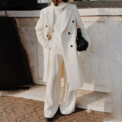 Elegant White Woolen Blend Trench Long Coat Women Chic Double Breasted