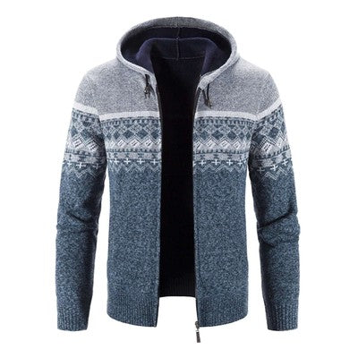 Fall Winter Men's Hooded Sweater Cardigan Jacket Color Block Long Slee