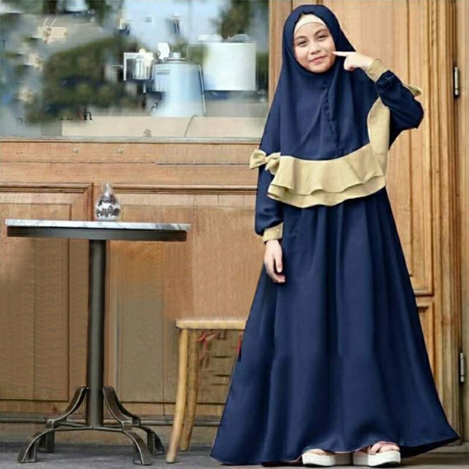 2 PCS Muslim Kids Girls Kaftan Abaya Islamic Dress Hijab Scarf Long Sleeve Maxi image 1