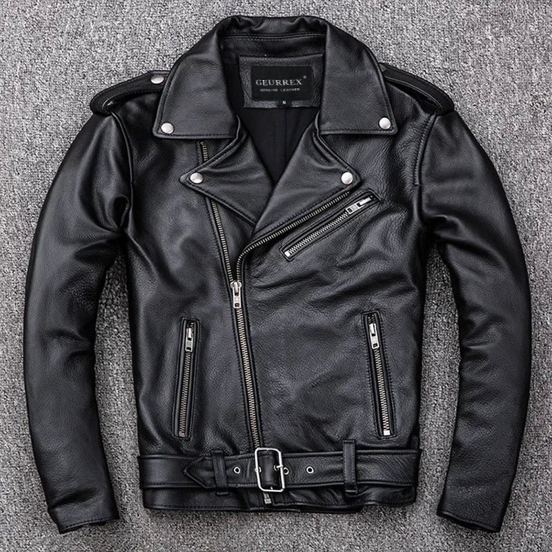 Spring Classical Motorcycle oblique zipper Jackets Men Leather Jacket Natural C