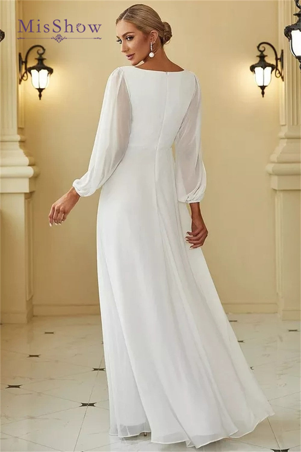 MisShow Simple Wedding Dresses For Women 2024 Elegant V-Neck Chiffon White Long image 2