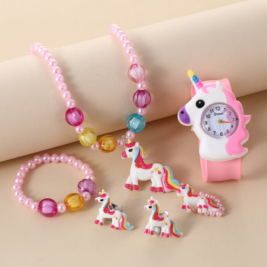Children Rainbow Horse Patter Watch Jewelry Set Necklace Earrings Ring Bracelet image 0