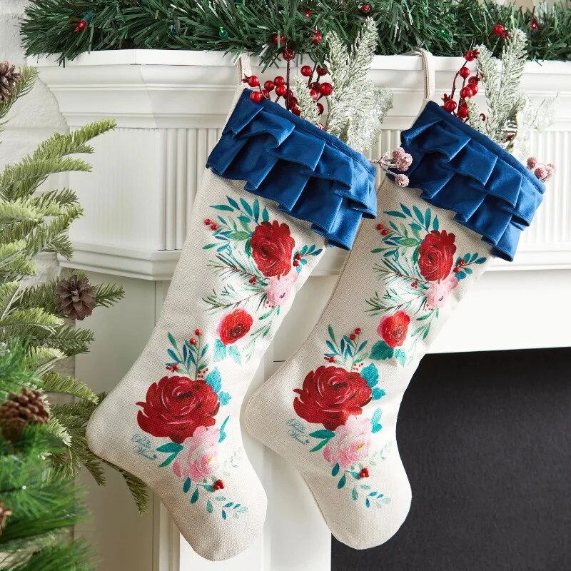 Set of 2 Red Roses Ruffle Christmas Stockings, 20 "