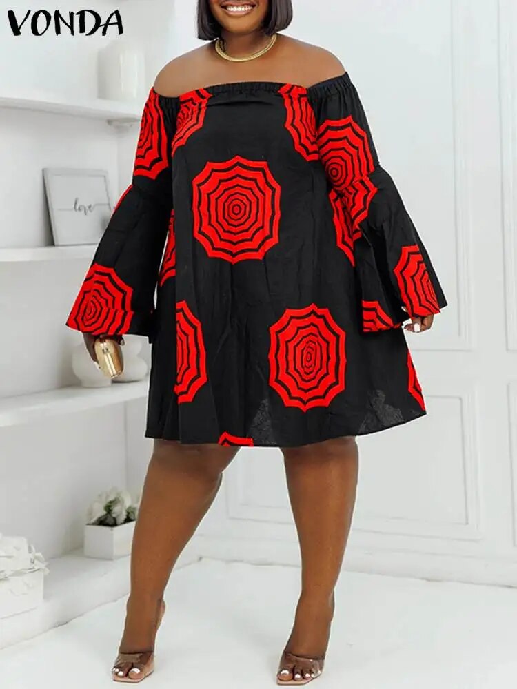 Plus Size 5XL VONDA Bohemian Dress Womenummer Off Shoulder Floral Printed Min
