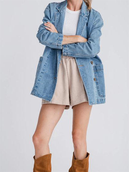 Women s Denim Blazer Stylish Long Sleeve Lapel Collar Button Closure Jacket wit image 1