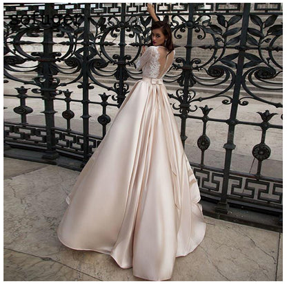 Elegant Satin Wedding Dresses With Pocket Vestidos Noiva Lace Half Sleeves Brid image 1