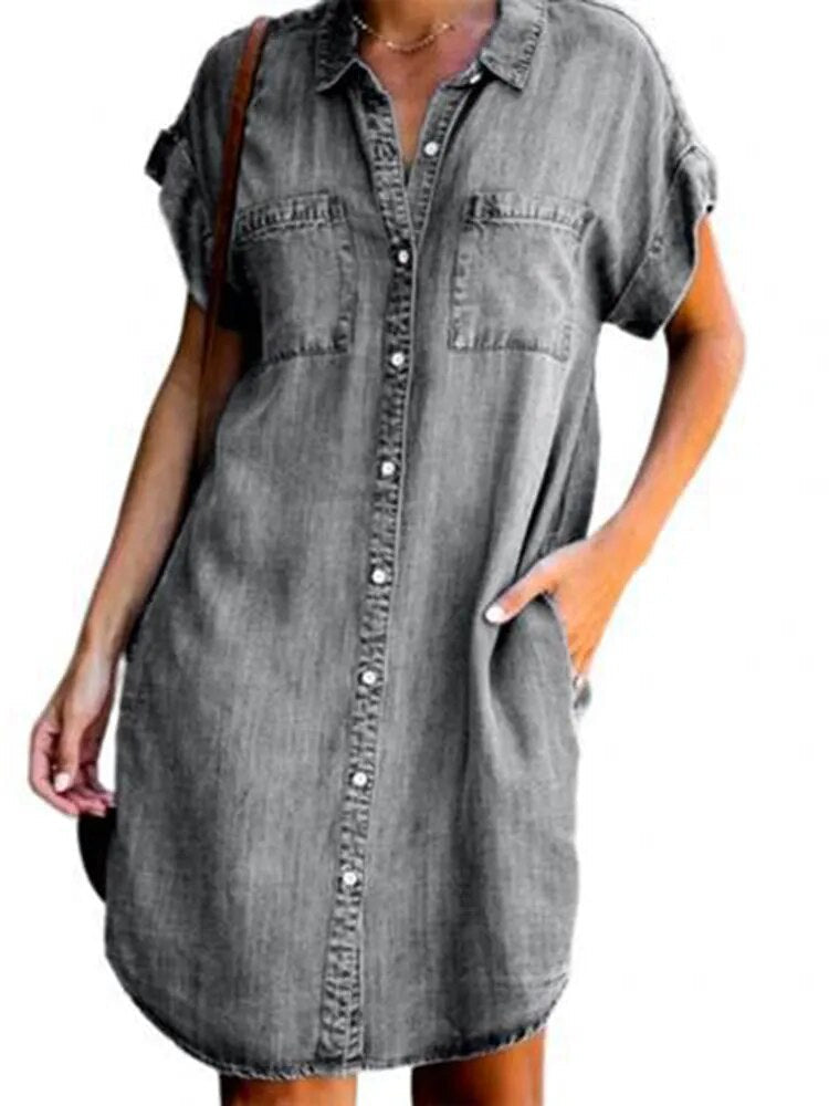 Summer New Single Breasted Denim Shirt Dress Women Casual Loose Pocket Simple