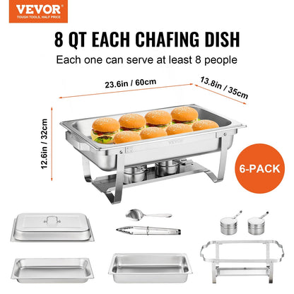 VEVOR 8QT Rectangle ChaFolding Dish 2/4/6 Packs w/ Full Size Pans Buffet Catering