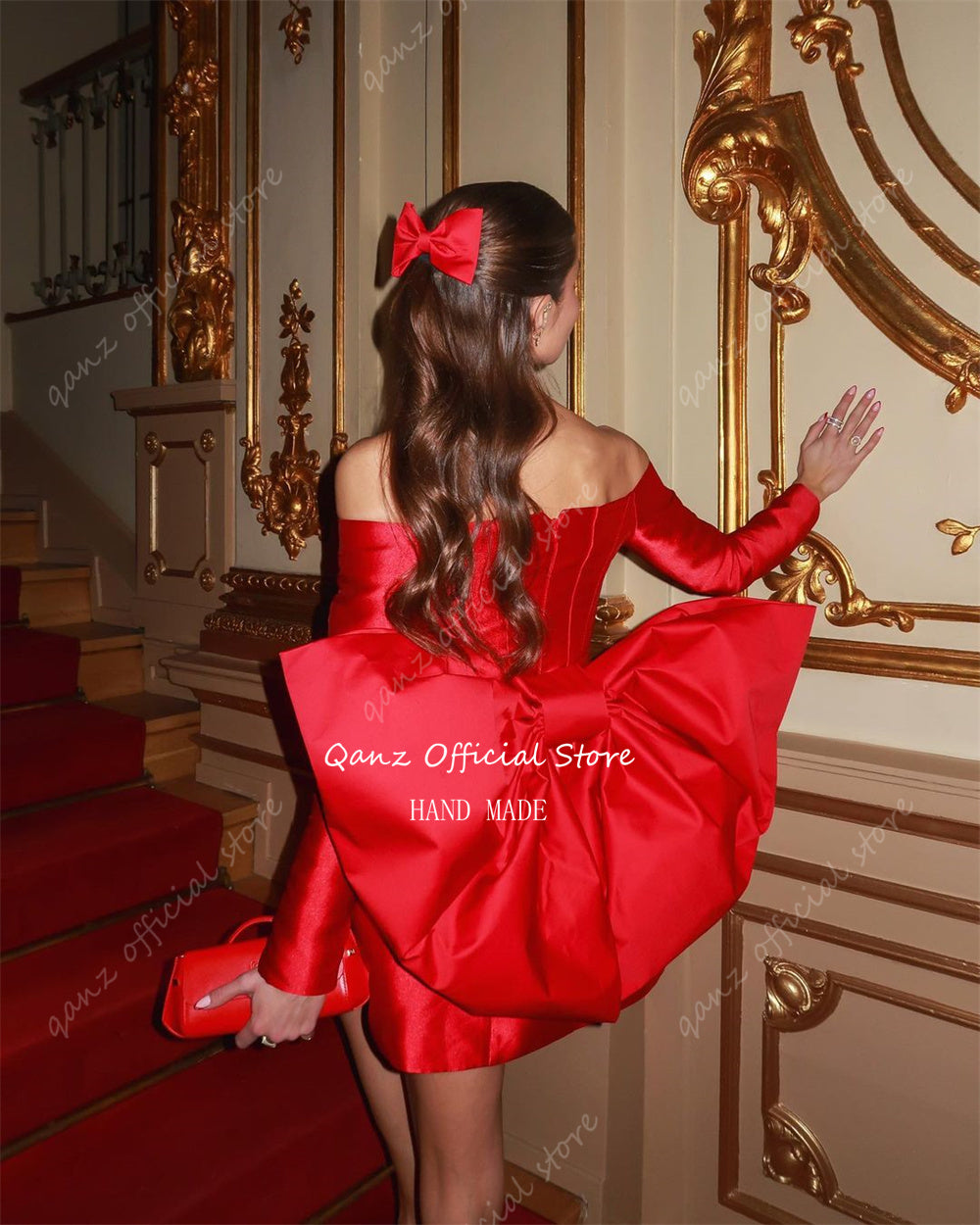 Qanz  Red Short Prom Dresses Satin With Large Bow Long Sleeves Dress Party  image 3