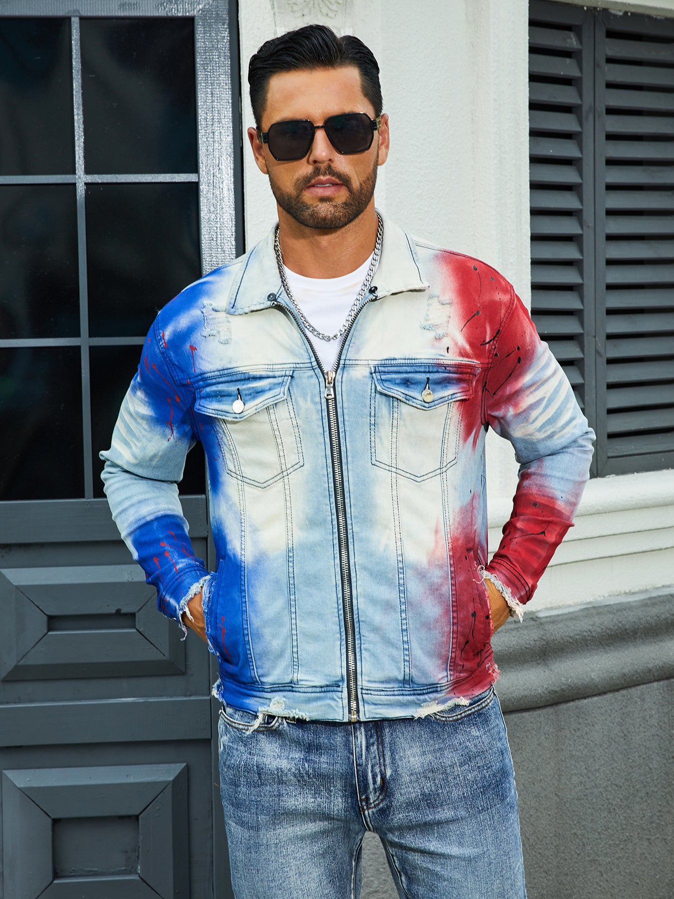 Men's fashion stretch jacket, full strip printing, fashion wash, has a very fas image 1