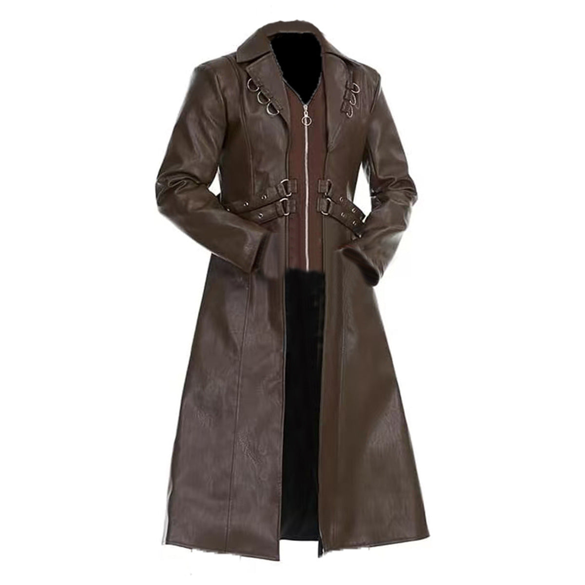 2025 New Steampunk Gothic Mid Length PU Leather Trench Coat Men Dark Brown Blac image 4