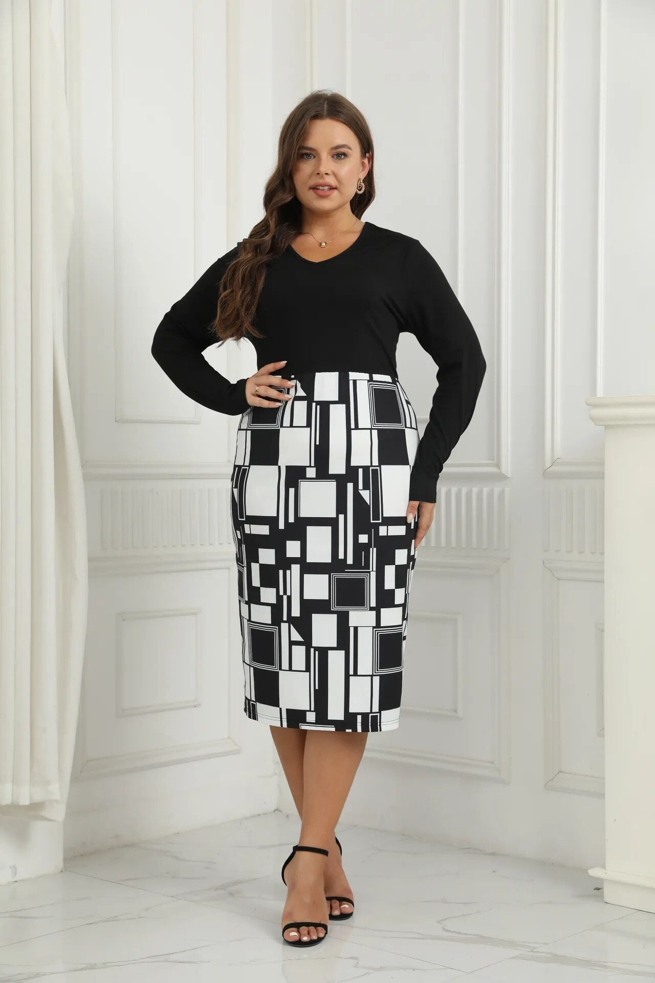 Autumn Women Clothes Black Chic Full Sleeve Plus Size Dress Apparel Casual Eleg