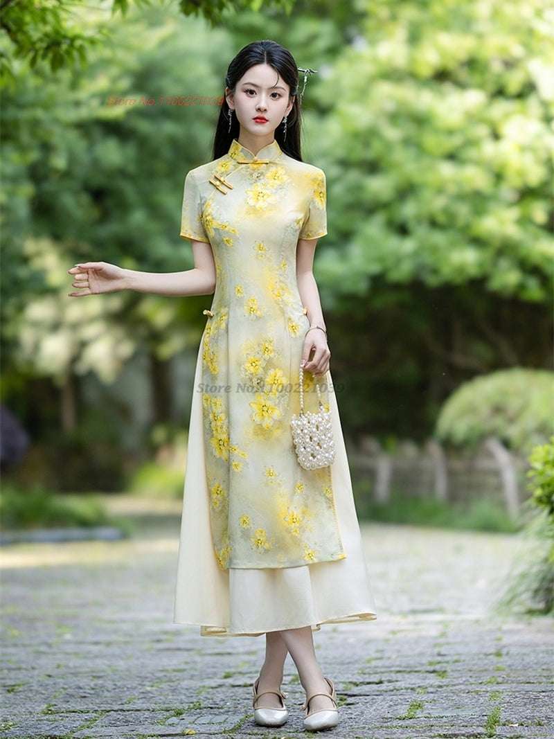 2024 vietnam traditional aodai dress chinese improved qipao national flower pri