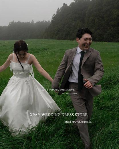 XPAY Simple Strapless Korea Wedding Dresses Ribbons Bow Women Po Shoot Floor image 3