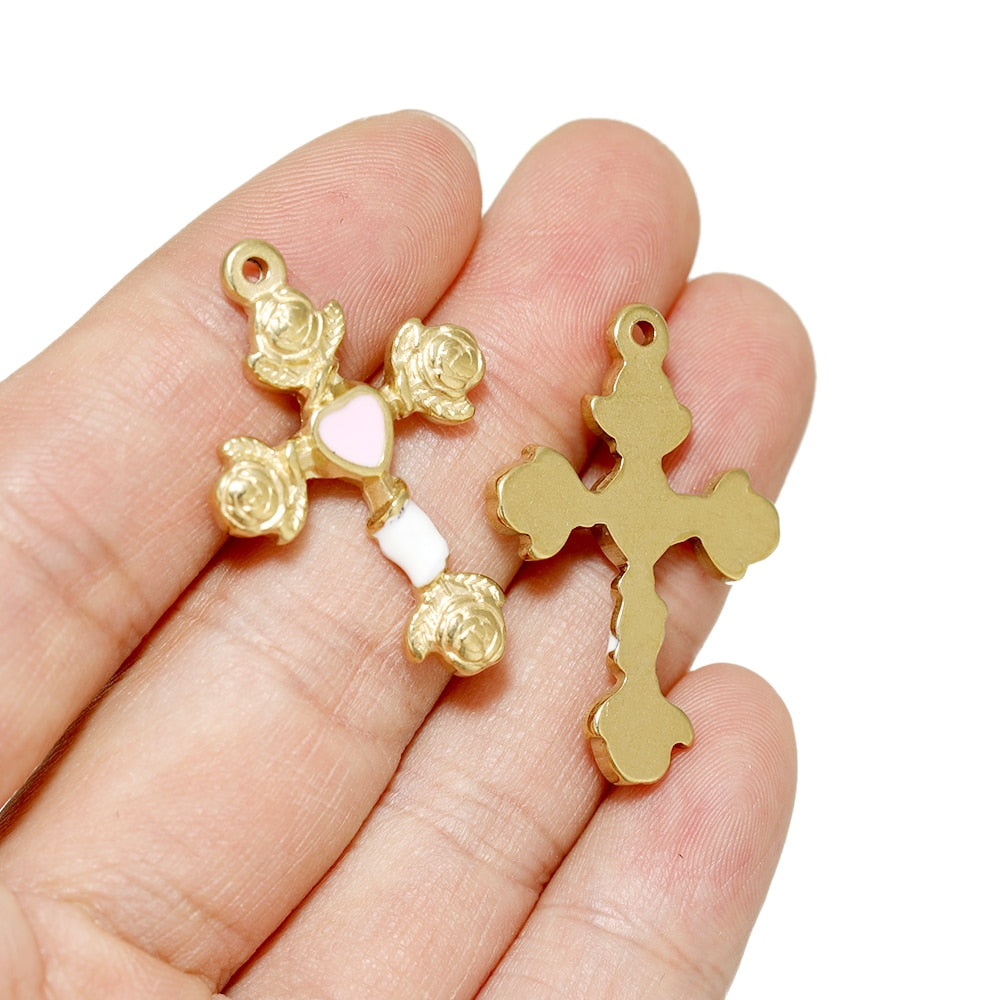 5pcs Stainless Steel Gold Color Plated Enamel Flower Cross Charms Findings Wome image 7