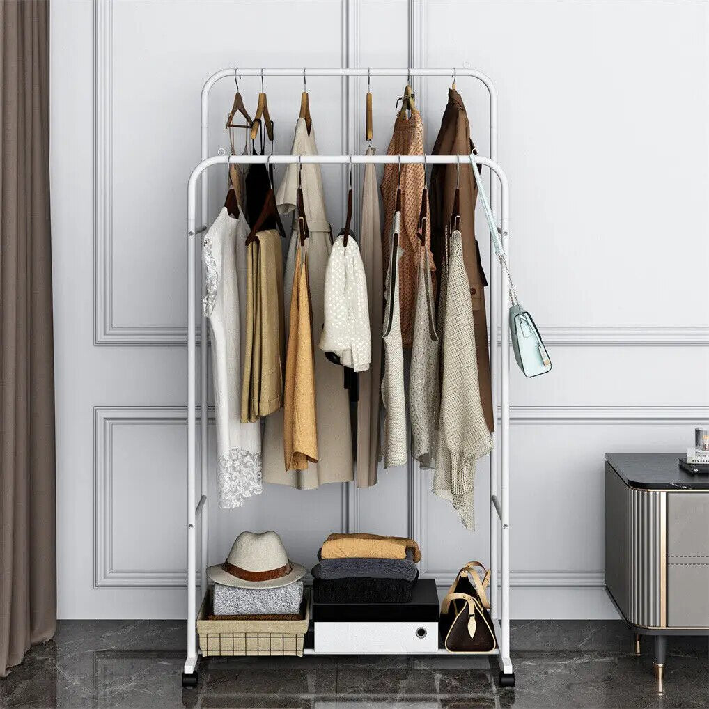 Heavy Duty Clothes Rack Garment Rail Rolling Stand Two Top Rod & Lower Storage image 2