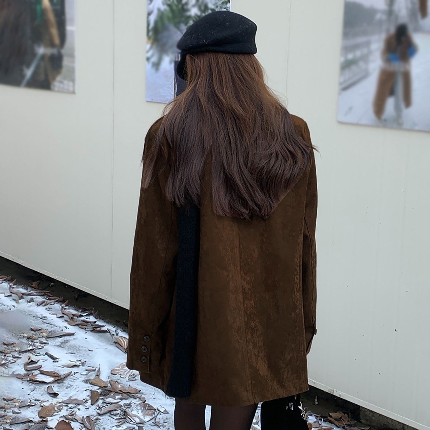 Khaki Coffee Womenuede Suit Jackets  Lady Office Work Chamois Blazers