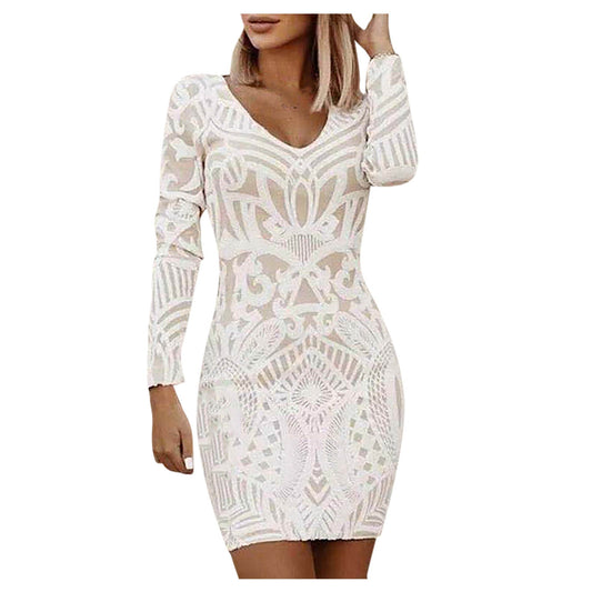 Party Sheath White Dress Women'spring Slim Long Sleeve Embroidered