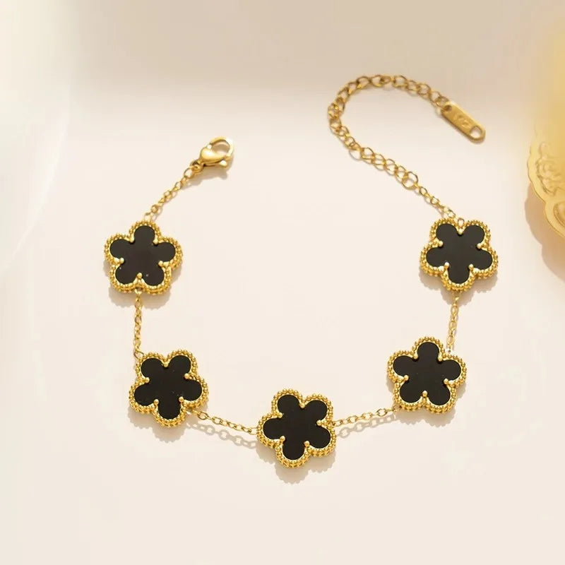 Gold Plated Hot Sale 316L Stainless Steel Plant Five Leaf Flower Bracelet Class image 2