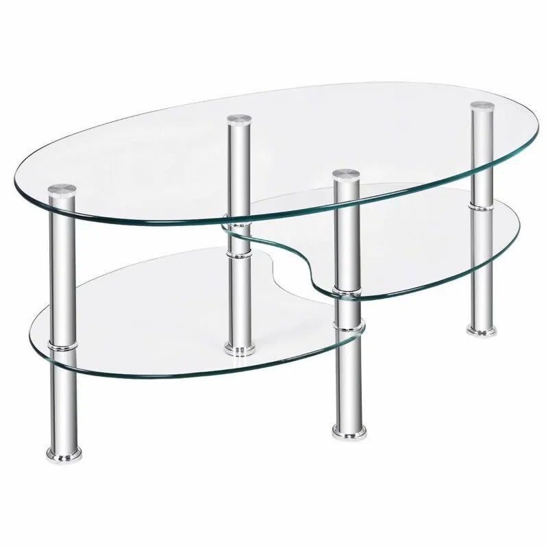 ALPULON Tempered Glass Coffee Table Oval 3-Tier Steel Tea Table for Home Living image 2