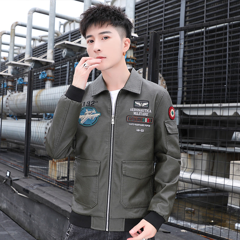 Embroidered Print Handsome Leather Coat Men's Spring and Autumn Business Casual image 2