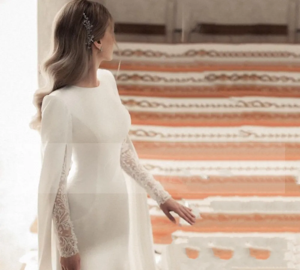 Flavinke Simple Satin Muslim Wedding Dresses 2023 O Neck Lace Full Sleeve Long image 2