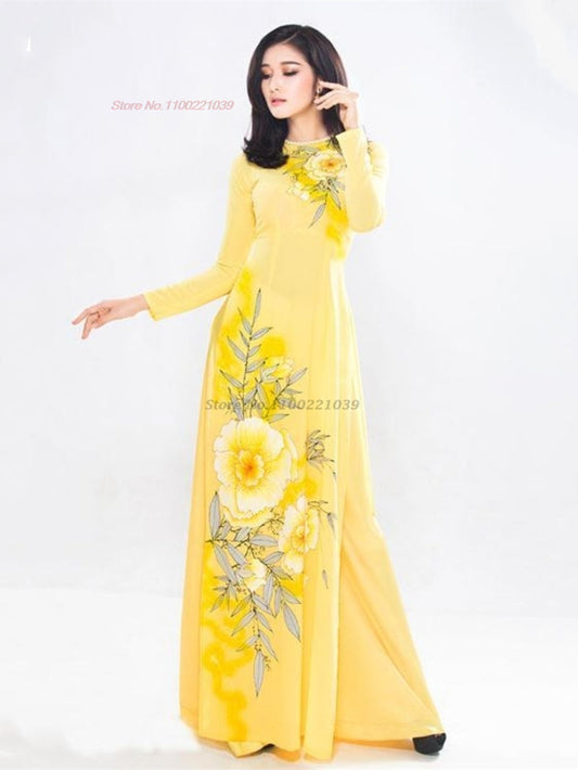 2024 vietnam traditional dress aodai national dress+pants set flower print qipa