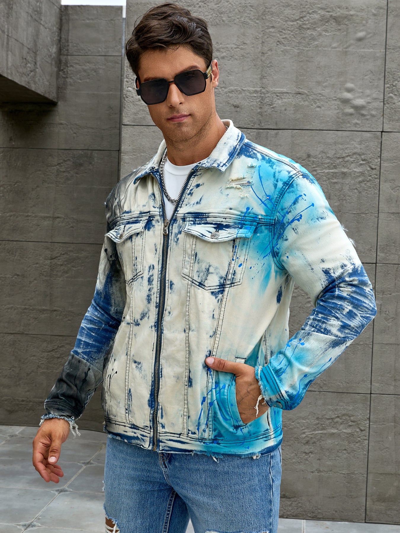 Men's fashion stretch jacket, full strip printing, fashion wash, has a very fas image 2