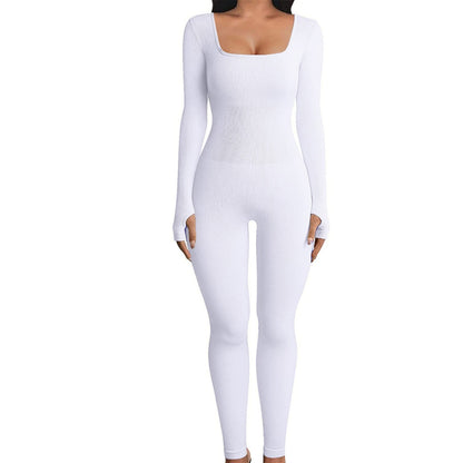 Women's One-Piece Ribbed Square Collar Yoga Sports Jumpsuit Solid Color Long Sl image 6