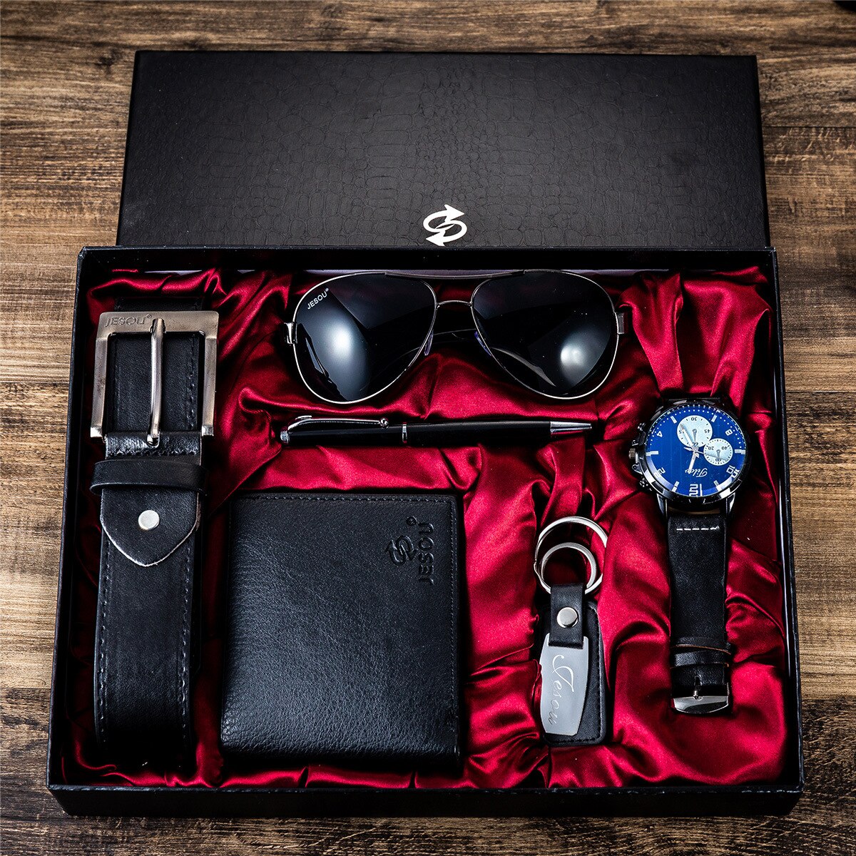 Gift Business Luxury Company Mens Set 6 in 1 Watch Glasses Pen Keychain Belt Pu image 0
