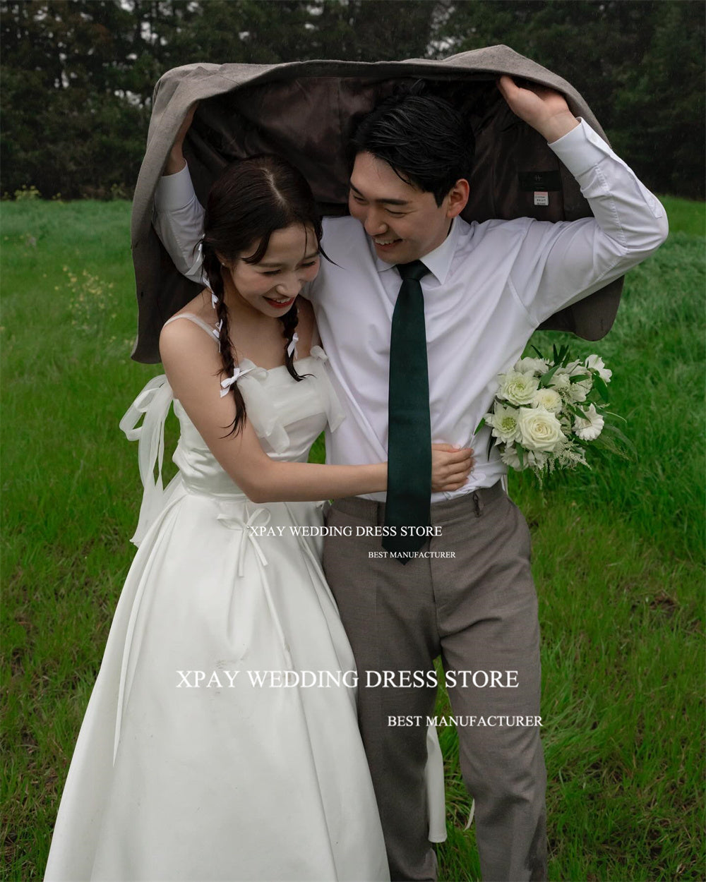 XPAY Simple Strapless Korea Wedding Dresses Ribbons Bow Women Photo Shoot Floor image 2