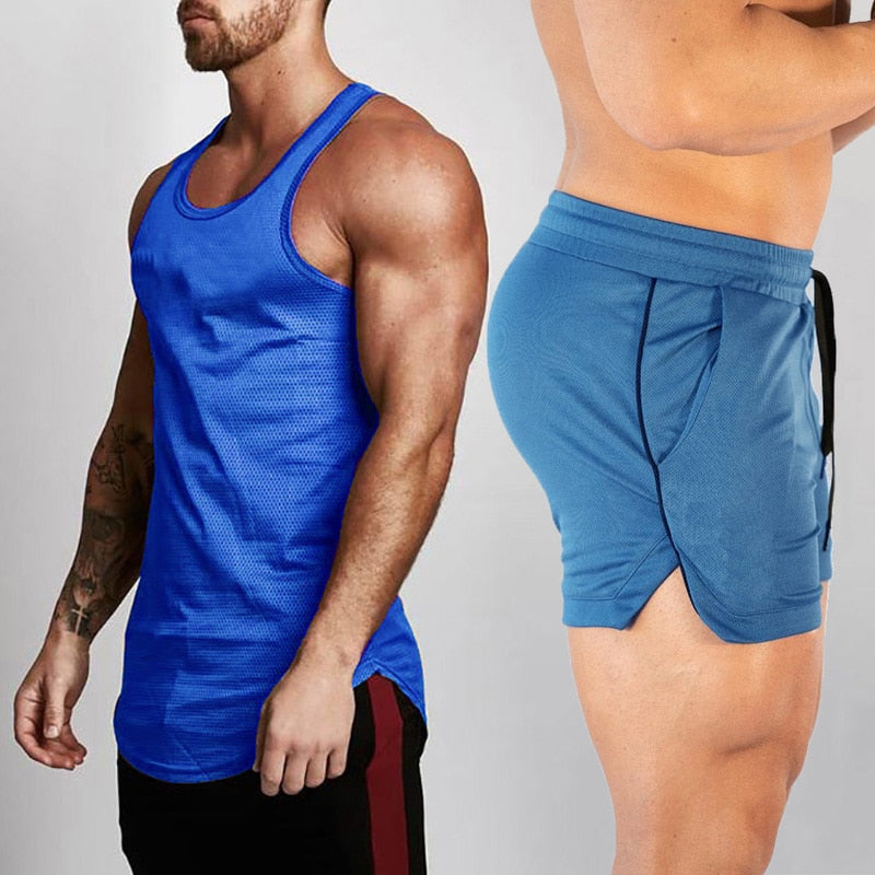 2pcs Sets Tank Top+Shorts Menummer Joggers Suits Bodybuilding Fitness Men Tracksuits Gym Clothing Streetwear Mesh Sweatpant