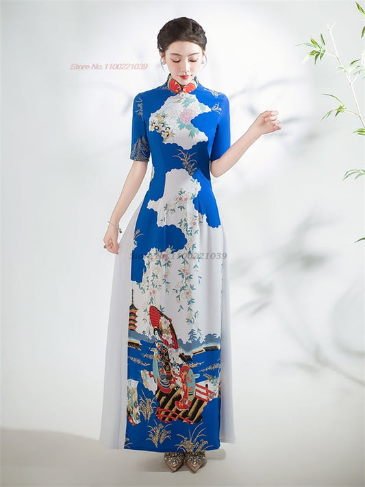 2024 vietnam traditional dress ao dai national flower print cheongsam oriental
